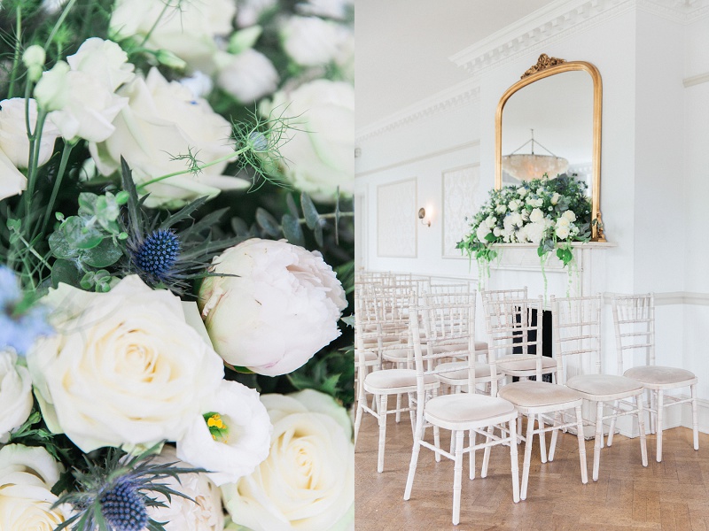Blue and White Flowers and Chairs in Ceremony Room