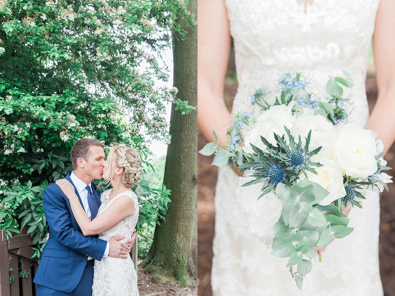 Happy Couple with Blue and White Bouquet