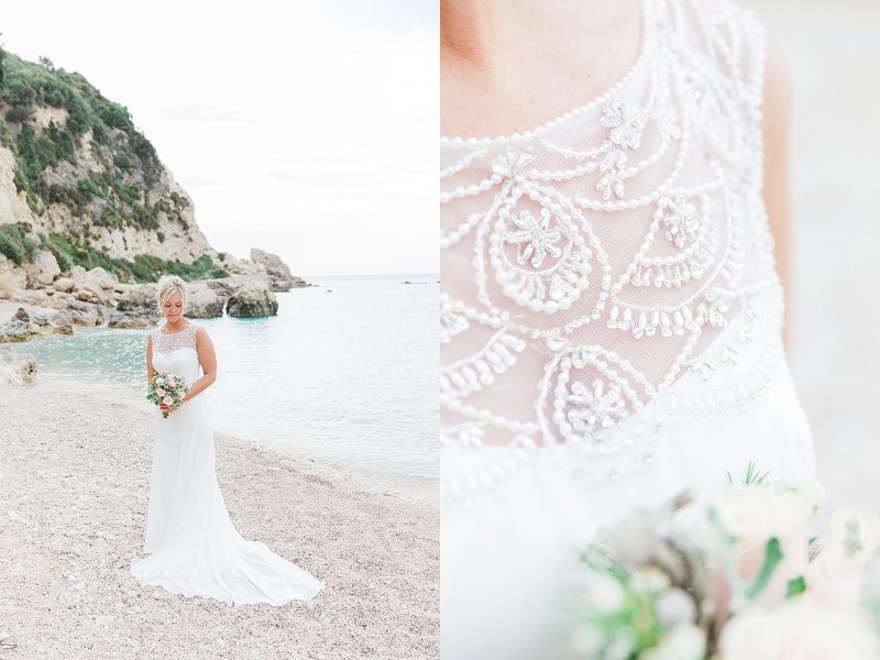 Bride on Agios Nikitas Beach and Close Up of Her Beaded Maggie Sottero Gown