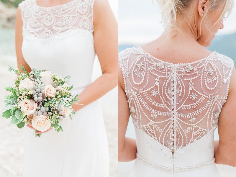 Brides Bouquet and Back of Her Beaded Maggie Sottero Gown