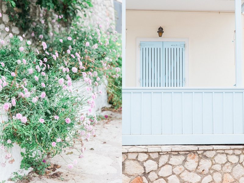 Pink Flowers and Blue Shutters in Agios Nikitas Village