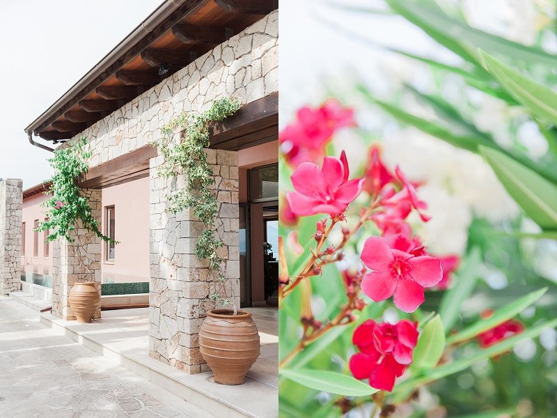 Stone Collumns and Red Flowers at the Entrance of Ionian Blue Hotel