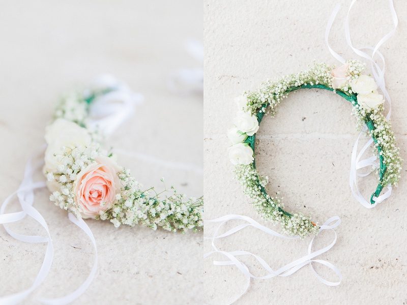 Close Up of Brides Flower Crown with Baby's Breath and Blush Roses