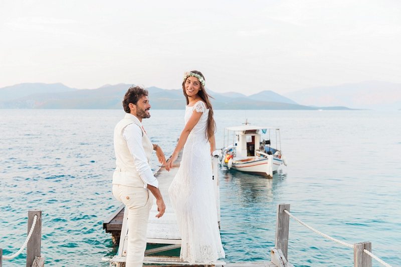 Portrait of Bohemian Bride and Groom on the Jetty at Ionian Blue Hotel