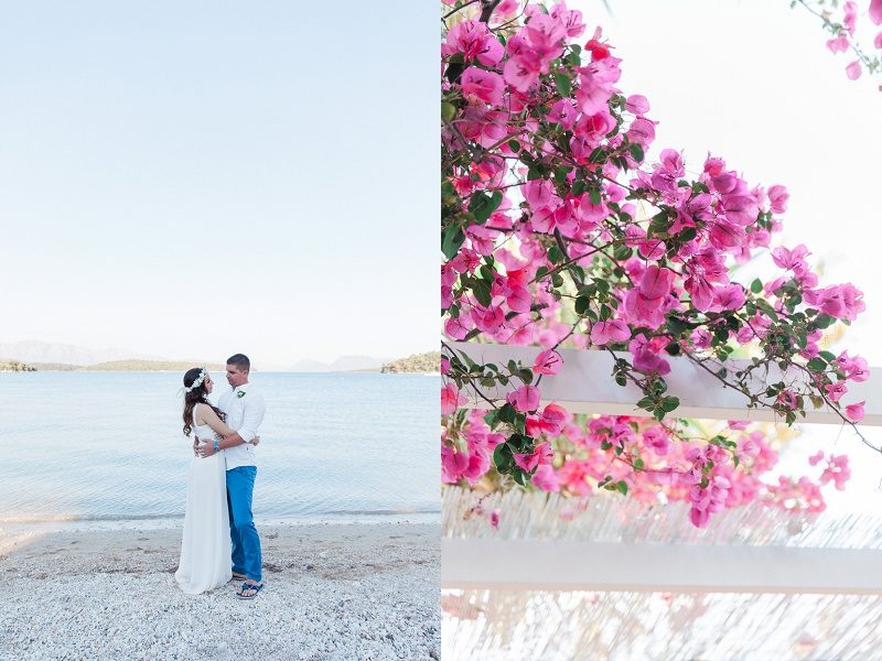 Couple On the Beach with Pink Bougainvillea During their Seaside Elopement