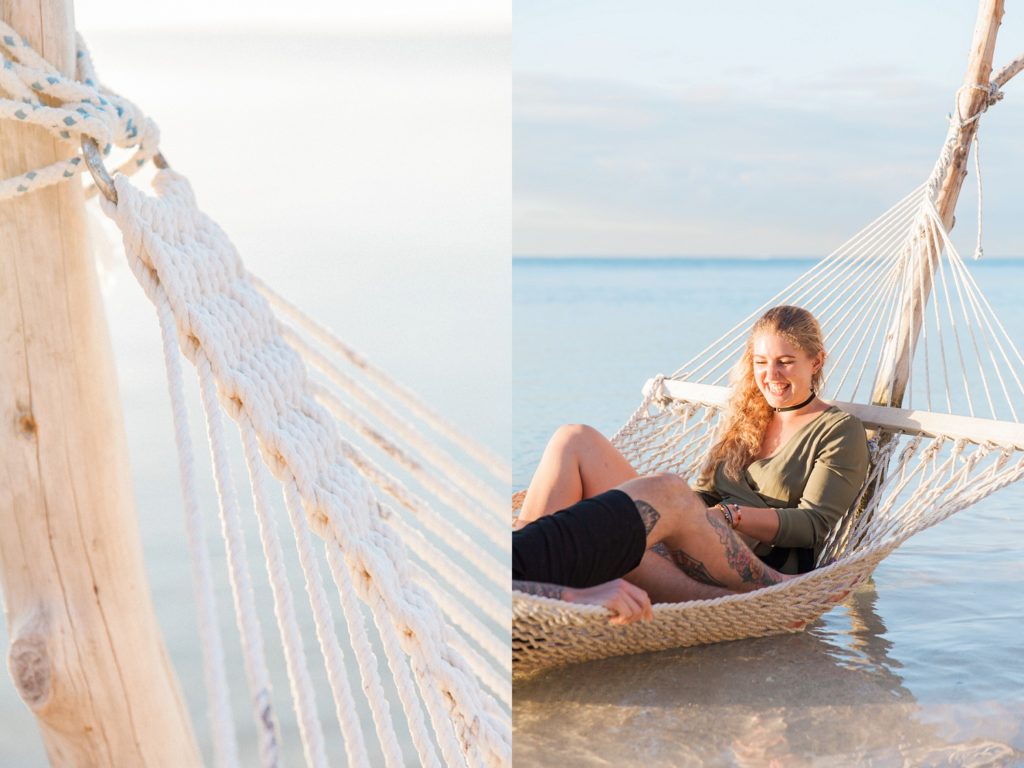Bride to be in a sea hammock during her Mauritius engagement session
