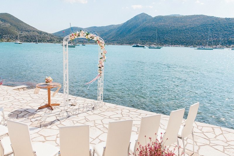 Pink and White Ceremony Set Up for a Vintage Wedding in Greece