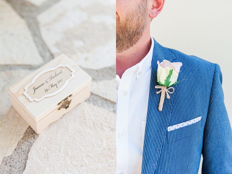 Grooms Details; Ring Box and Button Hole