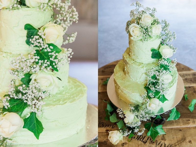 Pistachio and White Rose Cake with Ivy Details