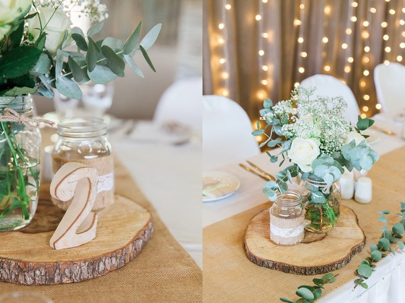 Rose and Eucalyptus Centrepieces with Wooden Table Numbers