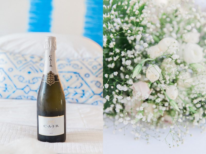 Champagne and Bridal Bouquet At Mystical Blue in Santorini