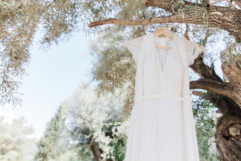 Laverne wedding dress by Catherine Deane hanging in an olive tree