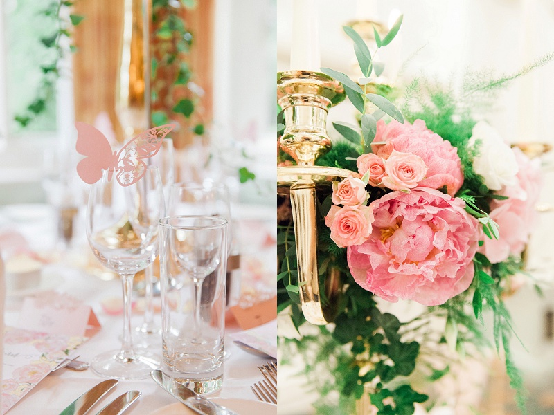 Close up of pastel flowers and table decor by Brian Kirkby Flowers for a wedding at Warren House