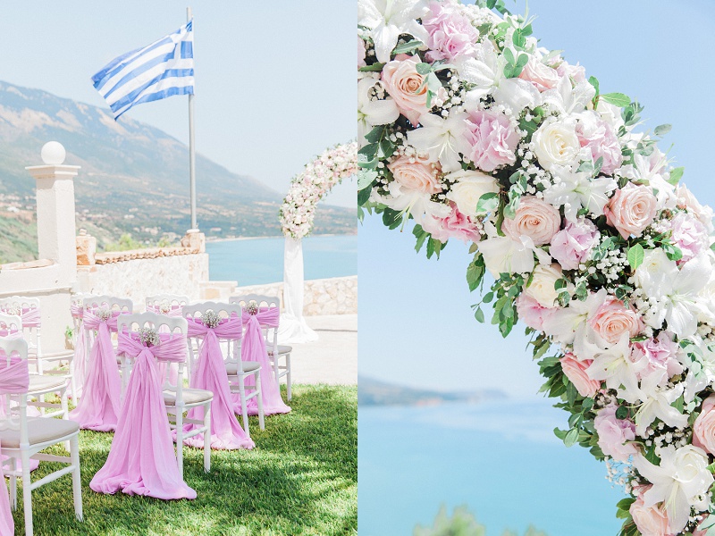 White chairs decorated with pink sashes and white flowers and a close up of the pink and white floral arch.