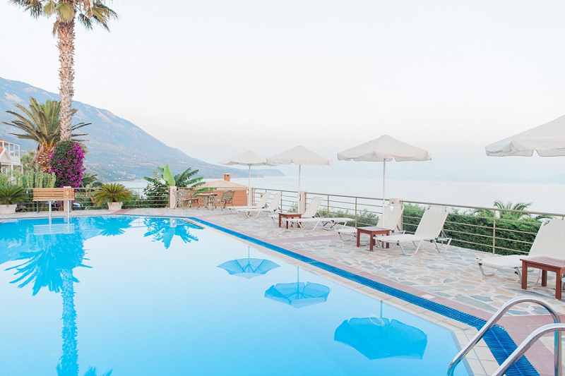 View of the Ionian Sea over the pool at Villa Rosa on Kefalonia