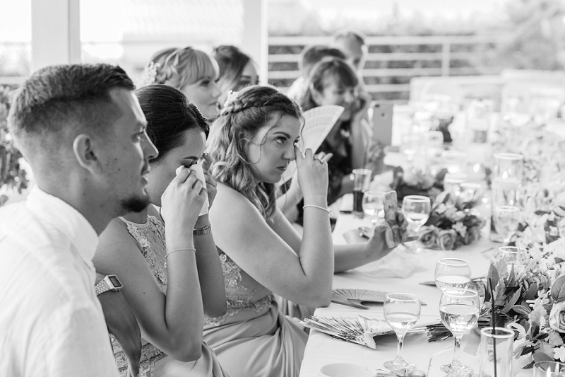 Emotional guests wiping their eyes during the father of the bride's speech