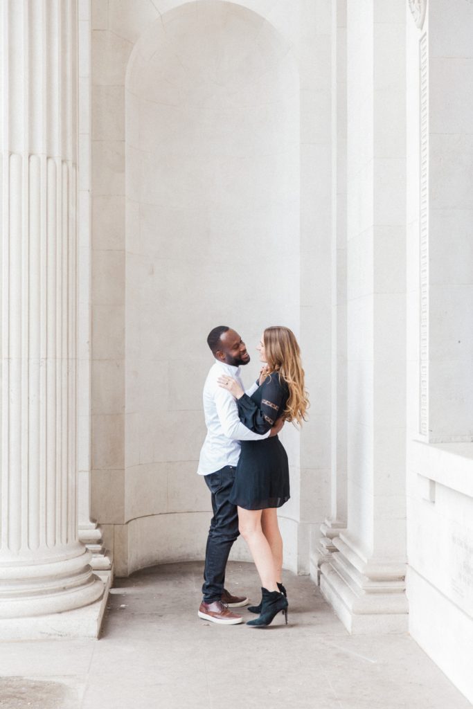 Couple dancing together during their engagement shoot in Marylebone