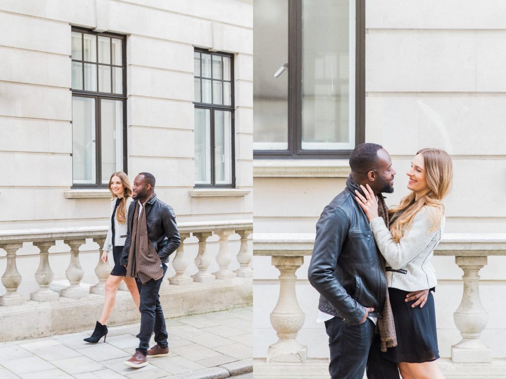Couple walking together during their engagement shoot on the streets of Marylebone in London