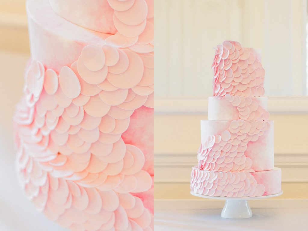 Pastel pink three tier wedding cake by Claire Owen Cakes at 10-11 Carlton House Terrace in London