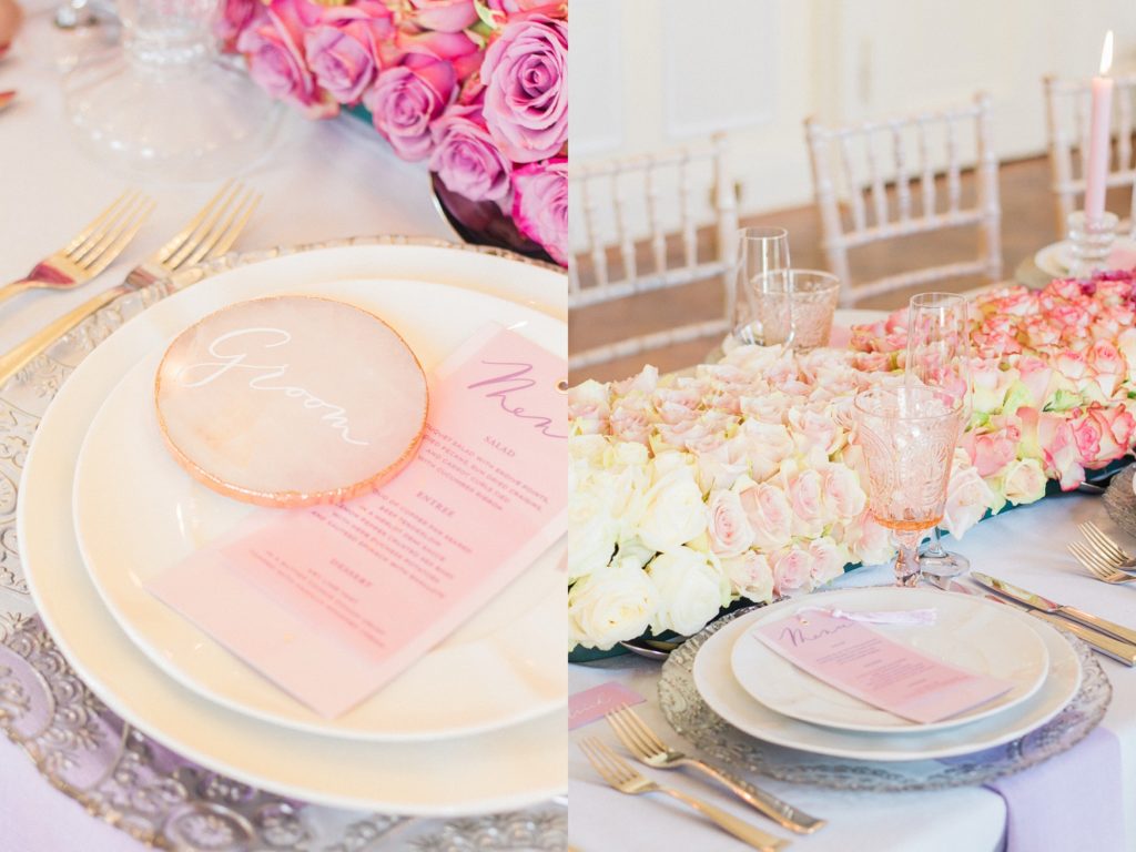 Pink ombre table decoration featuring David Austin roses and rose quartz calligraphy slices