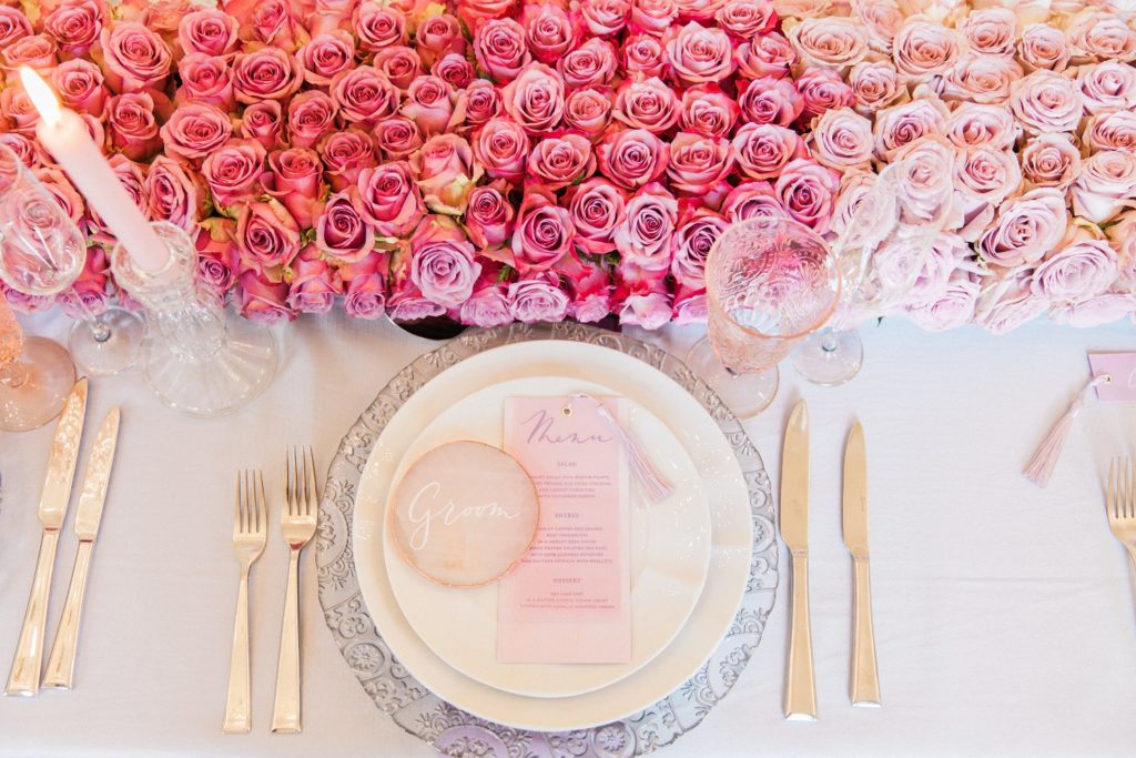 Pink ombre table setting styled by Pearline Events with rose quartz slices, pastel stationery and flowers by Queen Of Hearts Floral Design