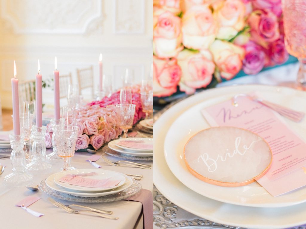 Details of the grooms table setting with a rose quartz slice and ombre rose table runner by Queen Of Hearts Floral Design