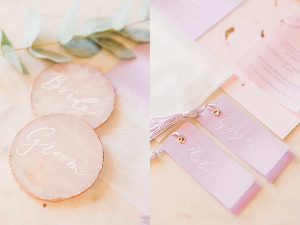 Detail images of pastel pink and lilac wedding stationery and rose quartz slices by Scritto