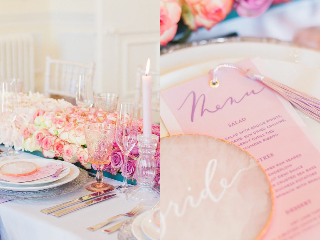 Detail images of the pastel pink and lilac wedding menu by Scritto and the glassware and ombre rose table runner at a 10-11 Carlton House Terrace wedding