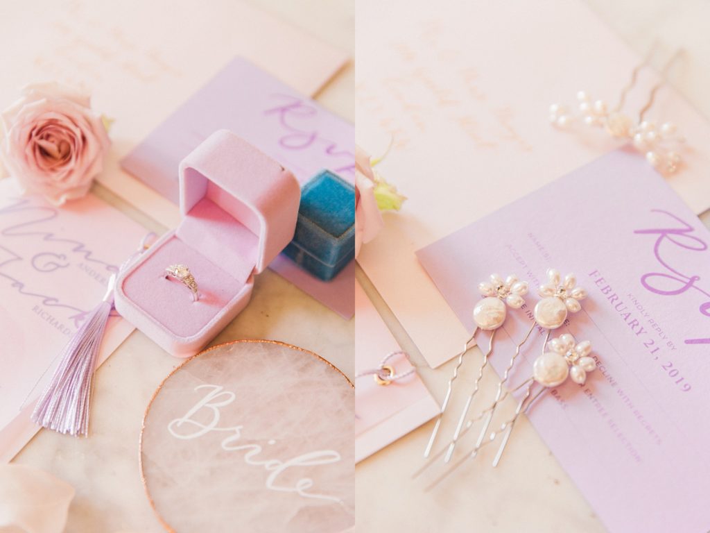 Diamond engagement ring by London Victoria Ring Company in a pink The Mrs Box and stationery by Scritto
