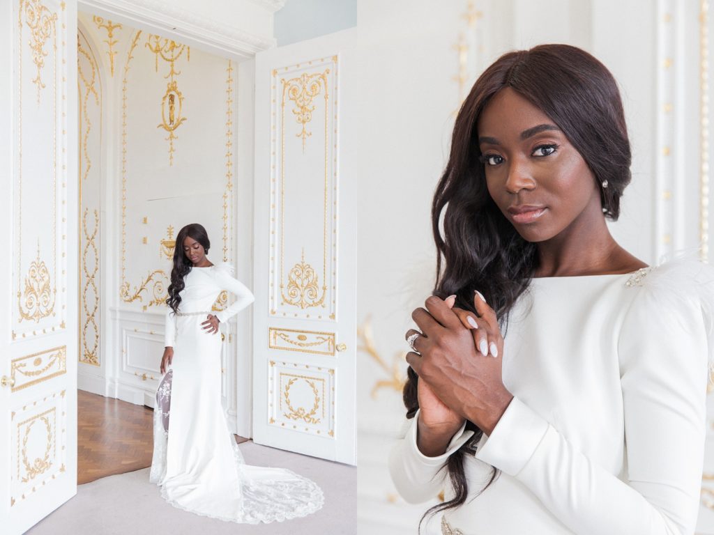 Portraits of a black bride in a white Cynthia Grafton-Holt gown with lace and ostrich feather sleeves