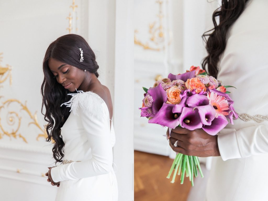 Portraits of a black bride wearing a Cynthia Grafton-Holt gown with her coral rose and purple dahlia and cala lily bridal bouquet