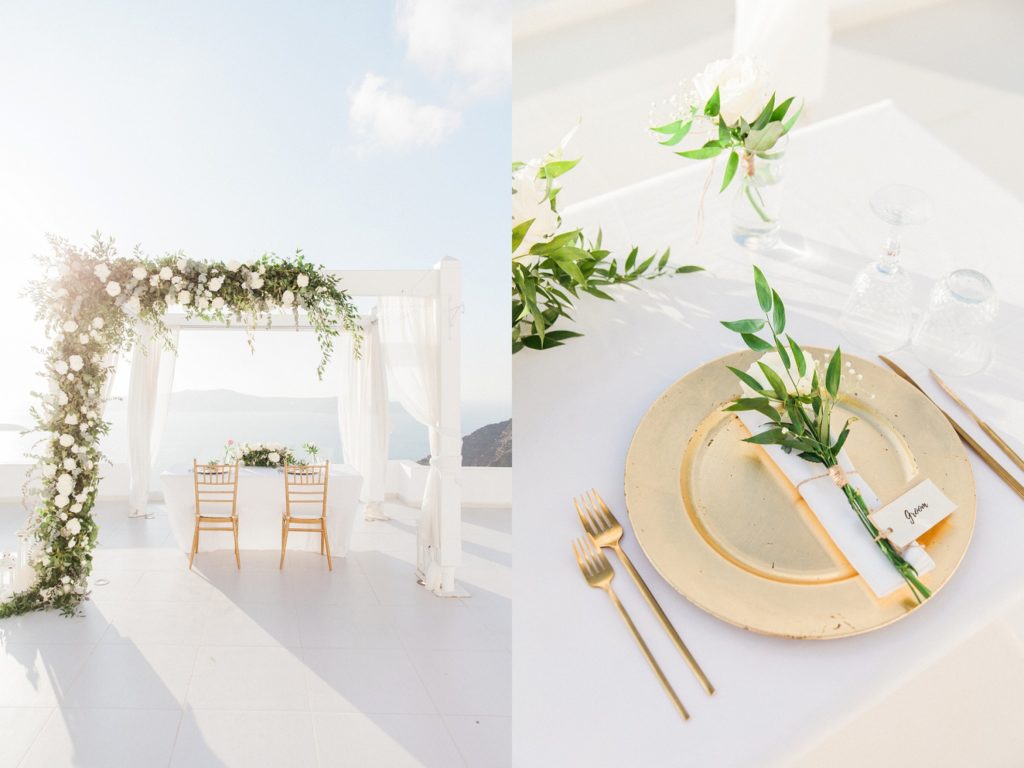 Reception table set up under the wedding arch on the balcony at Dana Villas Santorini and a table setting with gold, white and foliage details