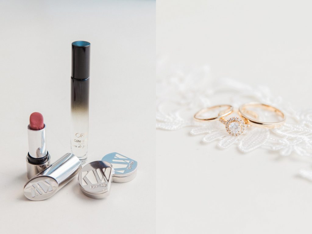 Details images showing brides make-up and Oribe fragrance and the wedding bands
