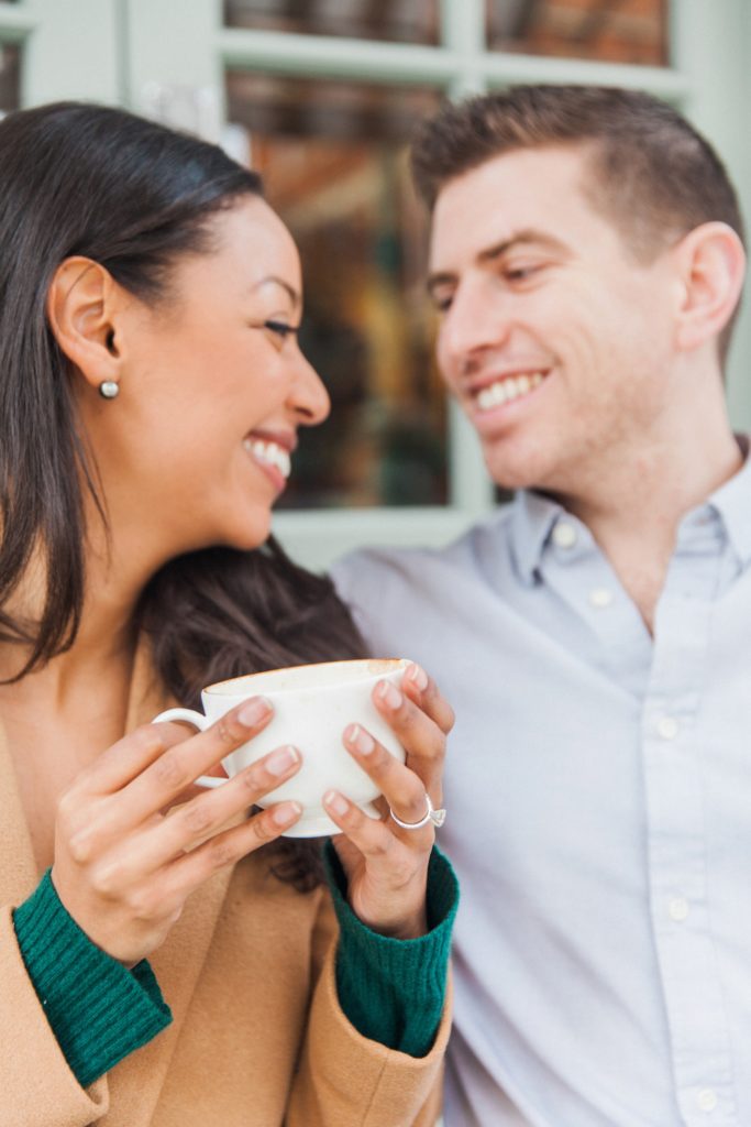 Couple share a laugh during their coffee at the Charlotte Street Hotel