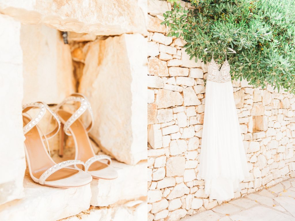 Aquazzura bridal heels and a Hayley Paige wedding gown at Emelisse Hotel in Kefalonia