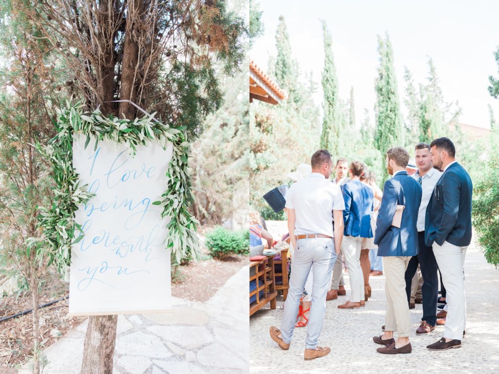 Water colour wedding welcome sign and guests at the Emelisse Hotel