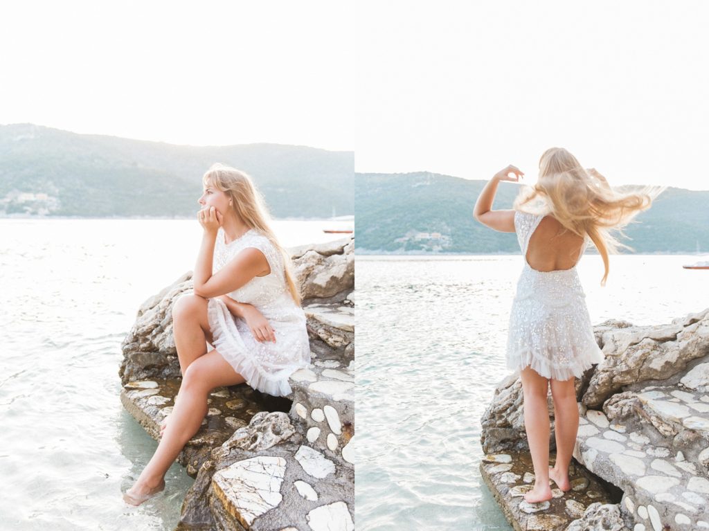 Sunset portraits of a bride during her honeymoon photography session in Lefkada Greece
