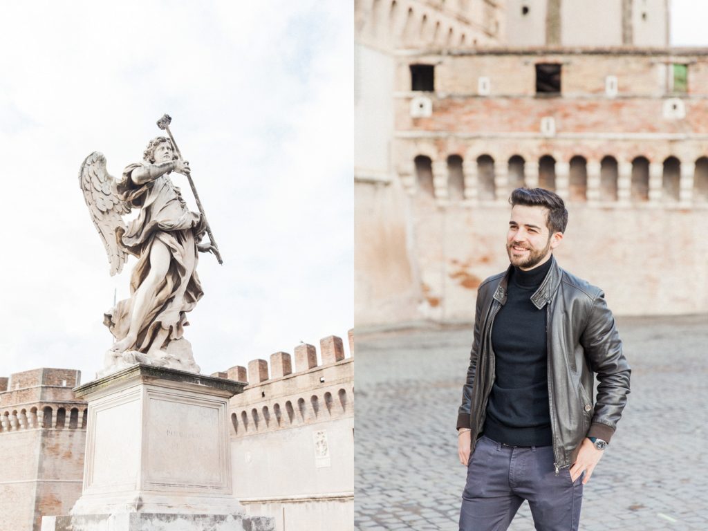 Portrait of an Italian man in Rome and an angel statue