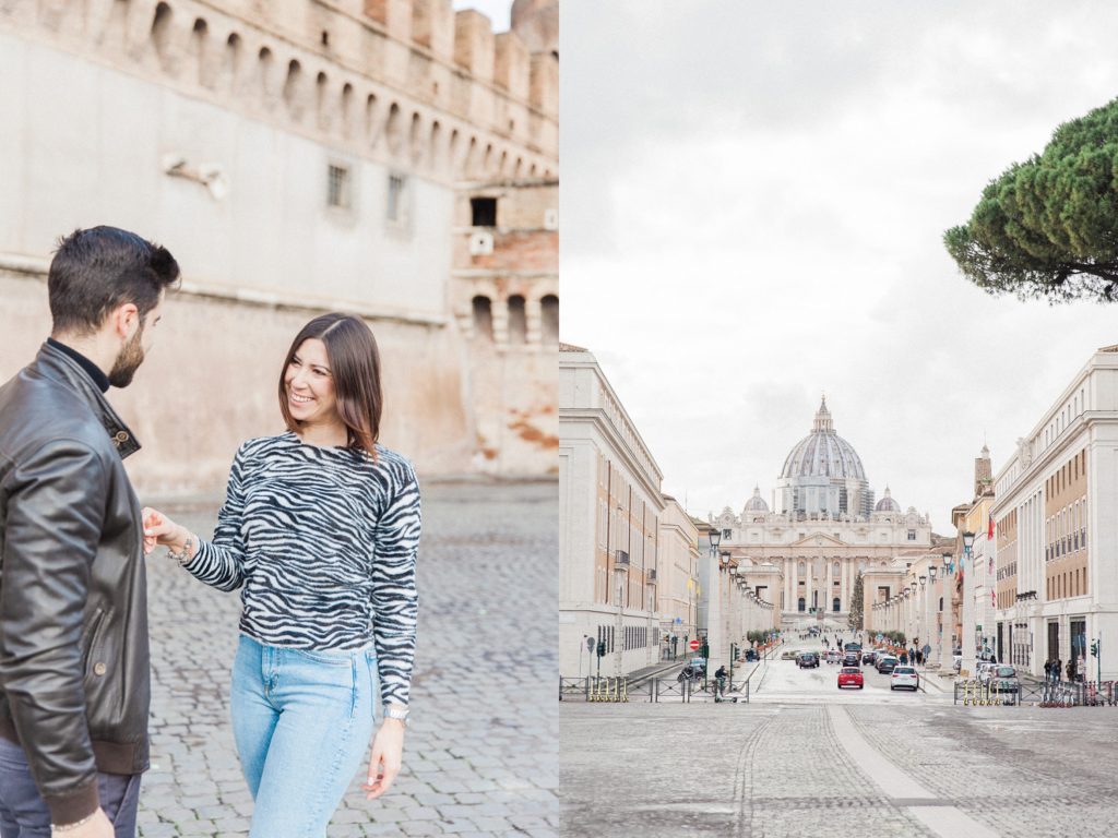 Happy couple in front of Castel Sant'Angelo in Rome and a view of St. Peter's Basilica