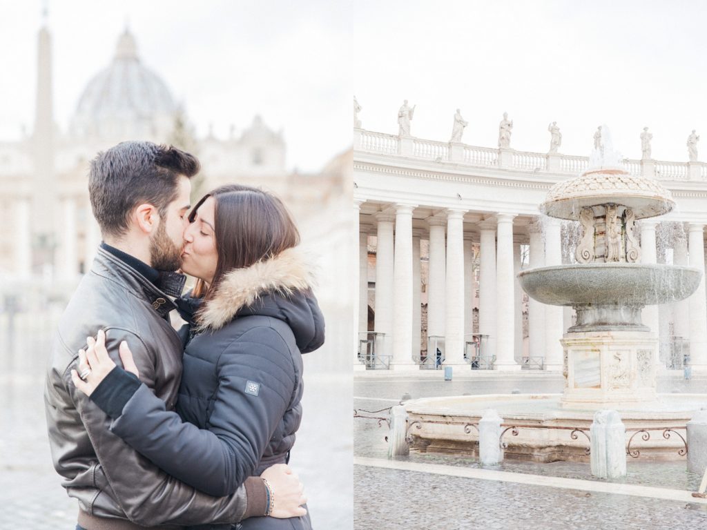 Couple kissing next to an image of a fountain at St. Peter's Basilica