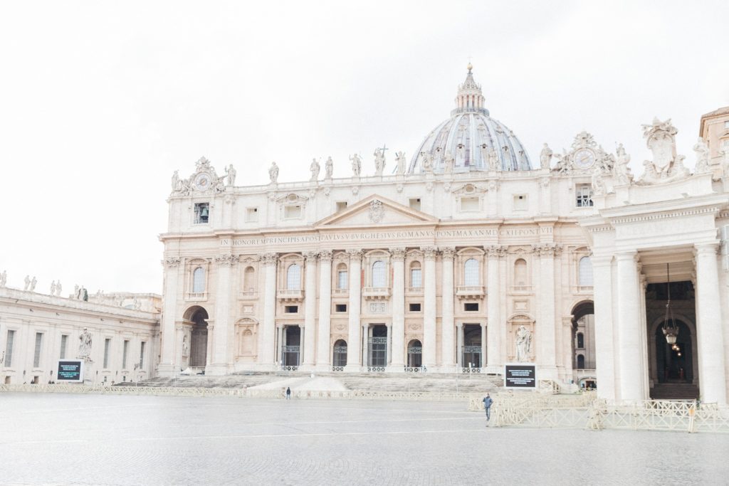 An empty square in front of St. Peter's Basilica in Rome during the Covid Crisis