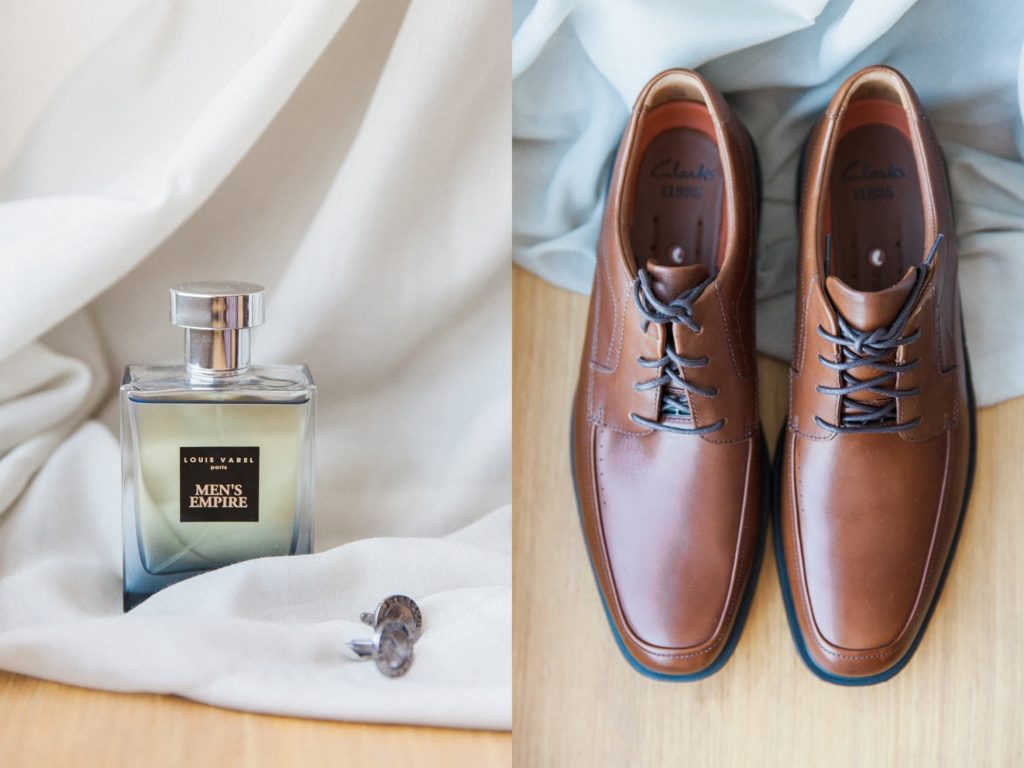 Grooms details including his shoes, fragrance and cufflinks