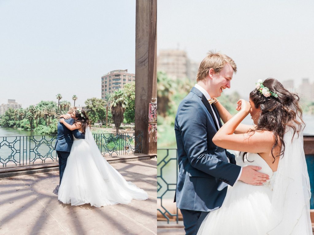 Couple hug and cry during their First Look on the morning of their Egypt wedding