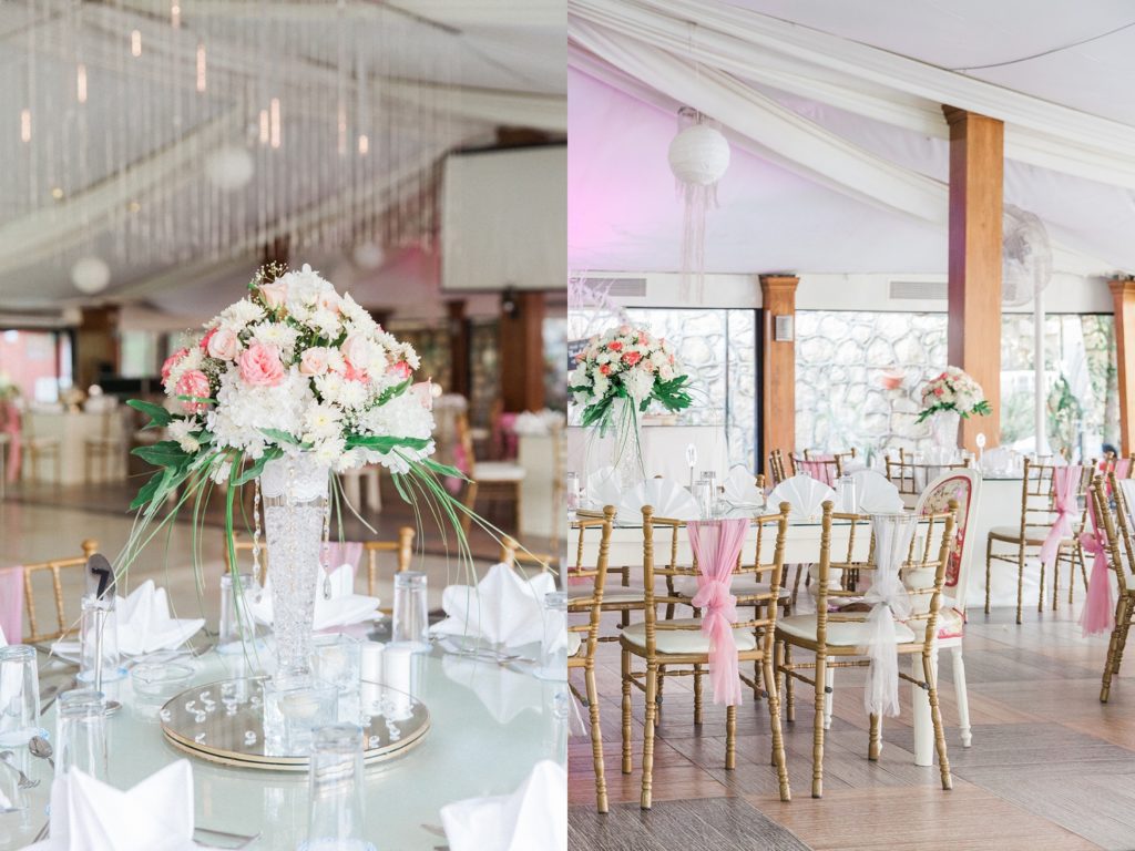 Pink and white wedding decoration and flowers at Plein Air wedding venue in Cairo, Egypt