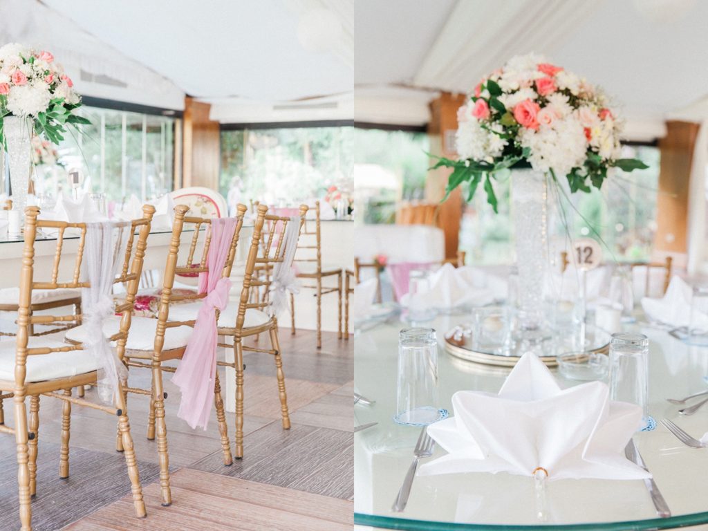 Pink and white wedding reception details at Plein Air venue in Cairo, Egypt
