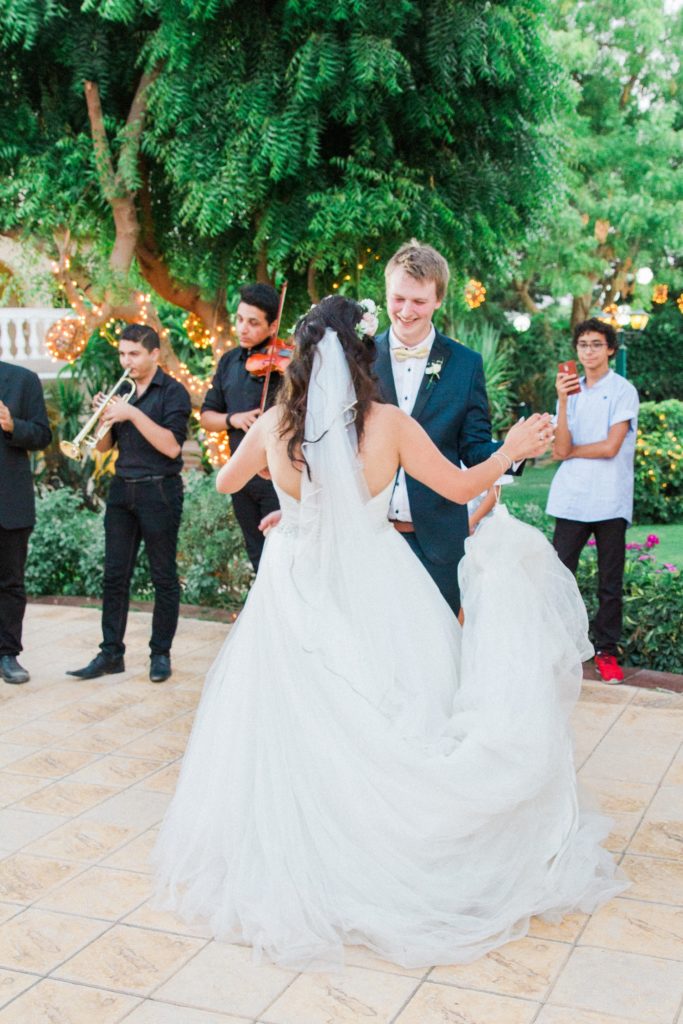 Bride and grooms first dance at Plein Air wedding venue in Cairo with a live band