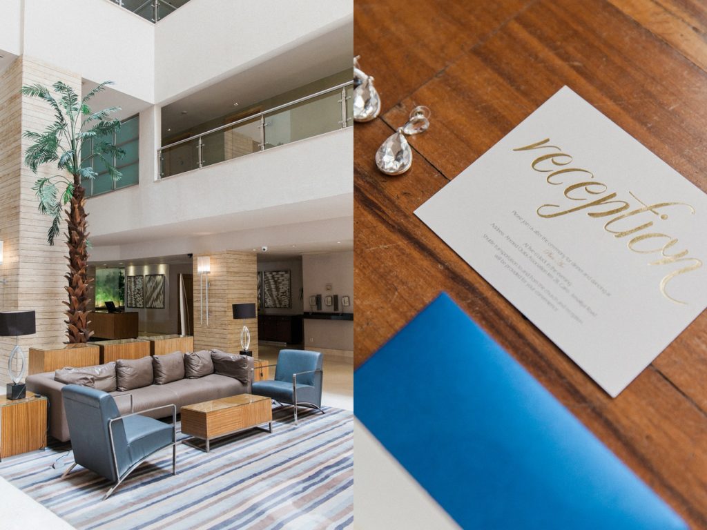 The lobby of the Radisson Blu Hotel in Cairo and navy and gold wedding stationery