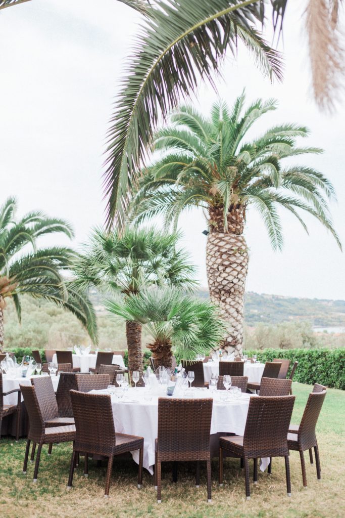 Tables under the palm trees at a wedding at the Convivium Hotel in Vasto