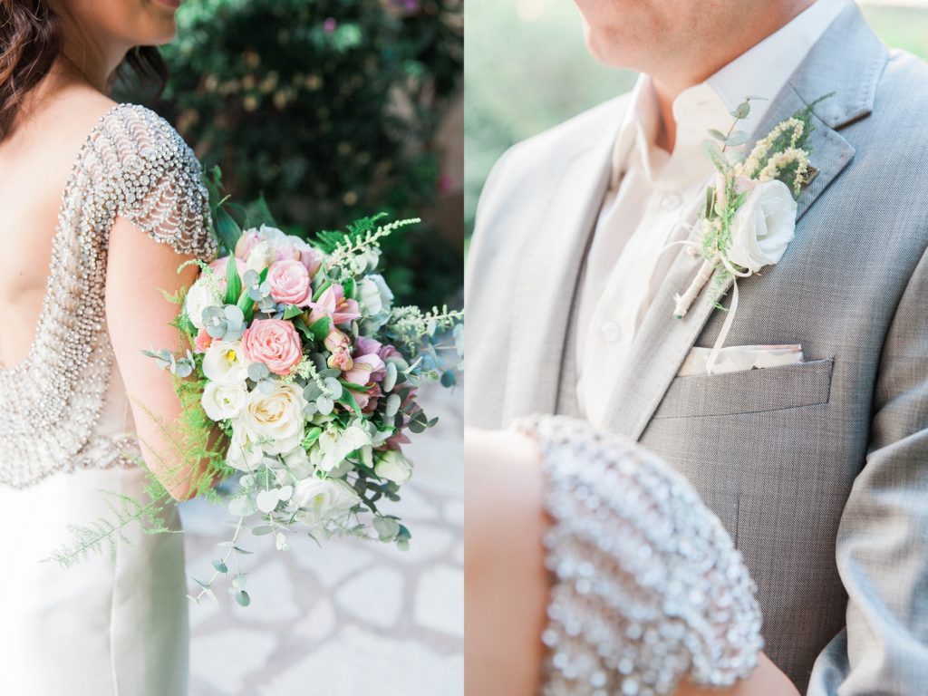 Brides sparkling capped sleeves on her Rosa Clara wedding dress and the grooms white buttonhole