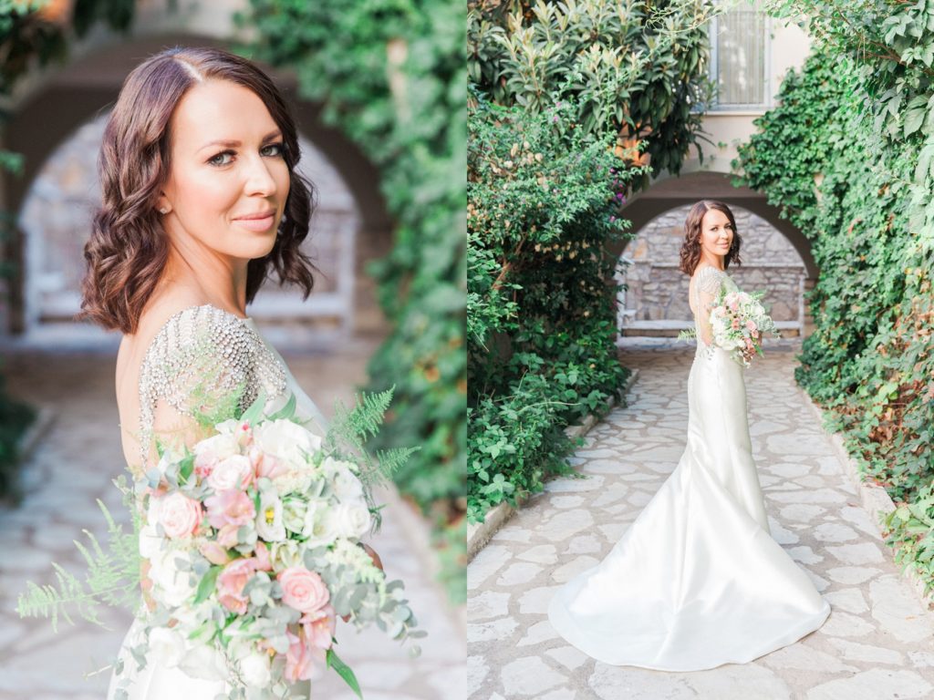 Portraits of a bride in a Rosa Clara wedding gown with sparkling capped sleeves